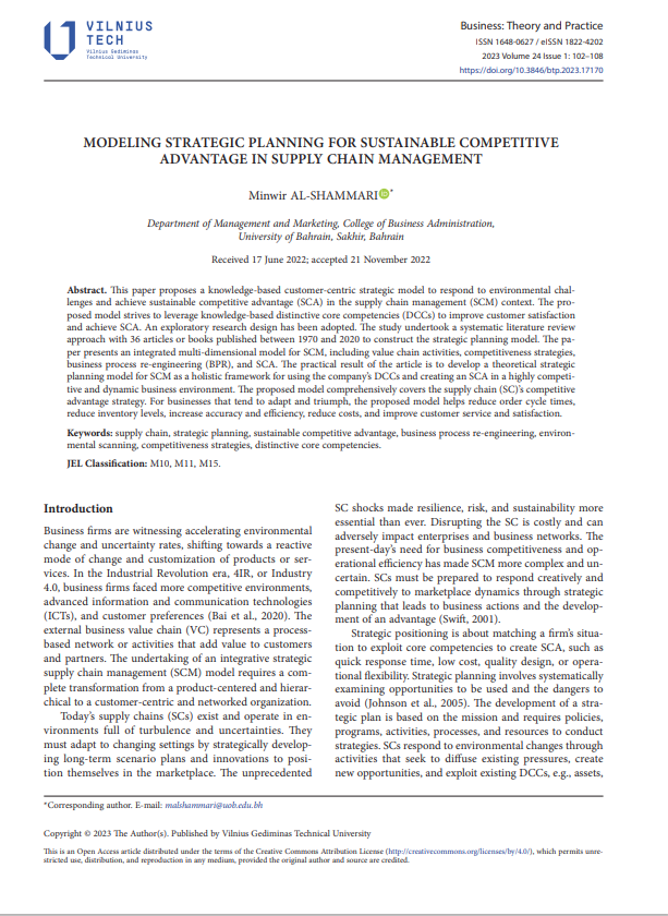 MODELING STRATEGIC PLANNING FOR SUSTAINABLE COMPETITIVE  ADVANTAGE IN SUPPLY CHAIN MANAGEMENT