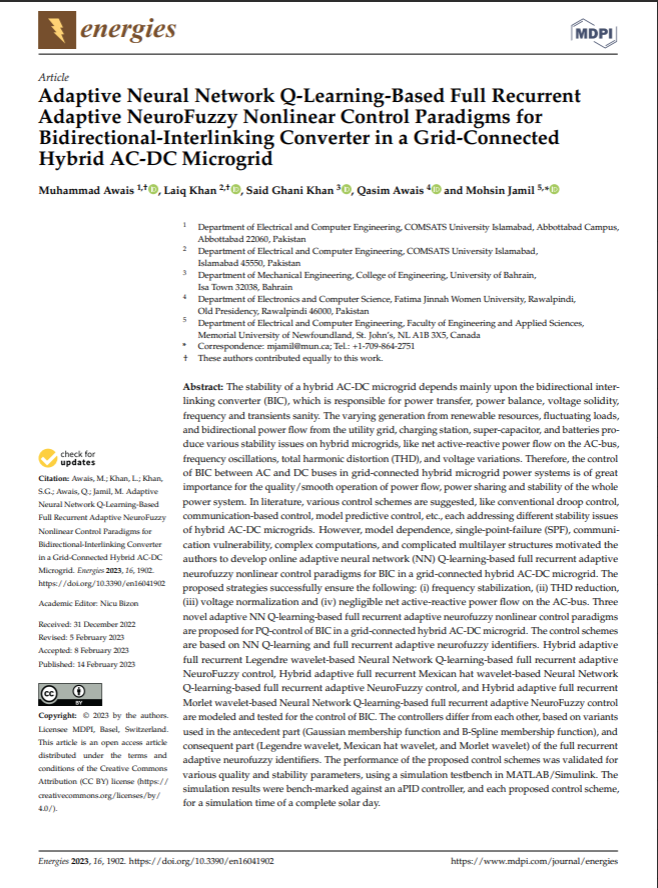 Adaptive Neural Network Q-Learning-Based Full Recurrent Adaptive NeuroFuzzy Nonlinear Control Paradigms for Bidirectional-Interlinking Converter in a Grid-Connected Hybrid AC-DC Microgrid 