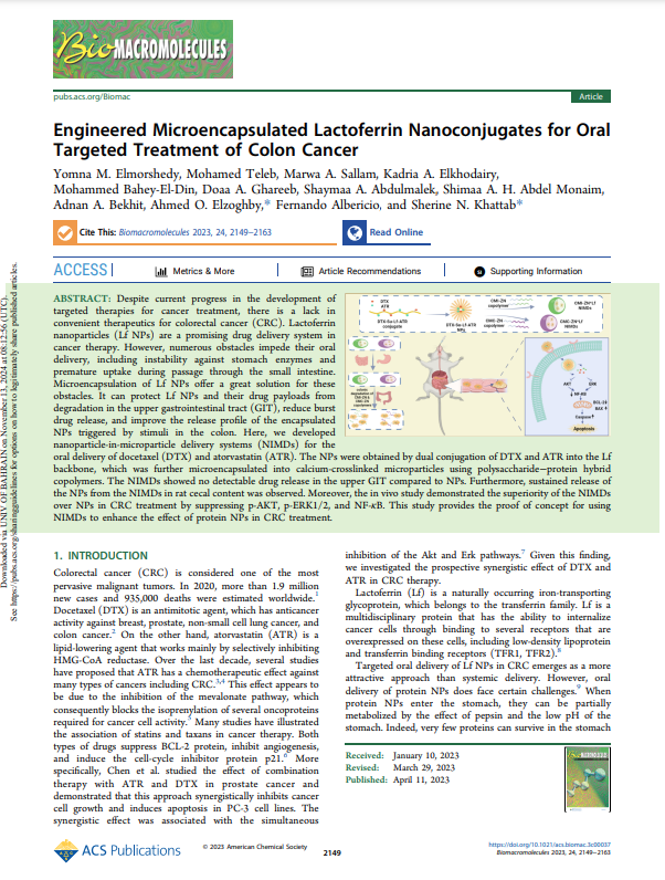 Engineered Microencapsulated Lactoferrin Nanoconjugates for Oral Targeted Treatment of Colon Cancer