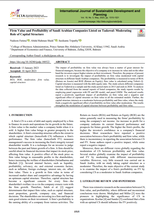 Firm Value and Profitability of Saudi Arabian Companies Listed on Tadawul: Moderating Role of Capital Structure