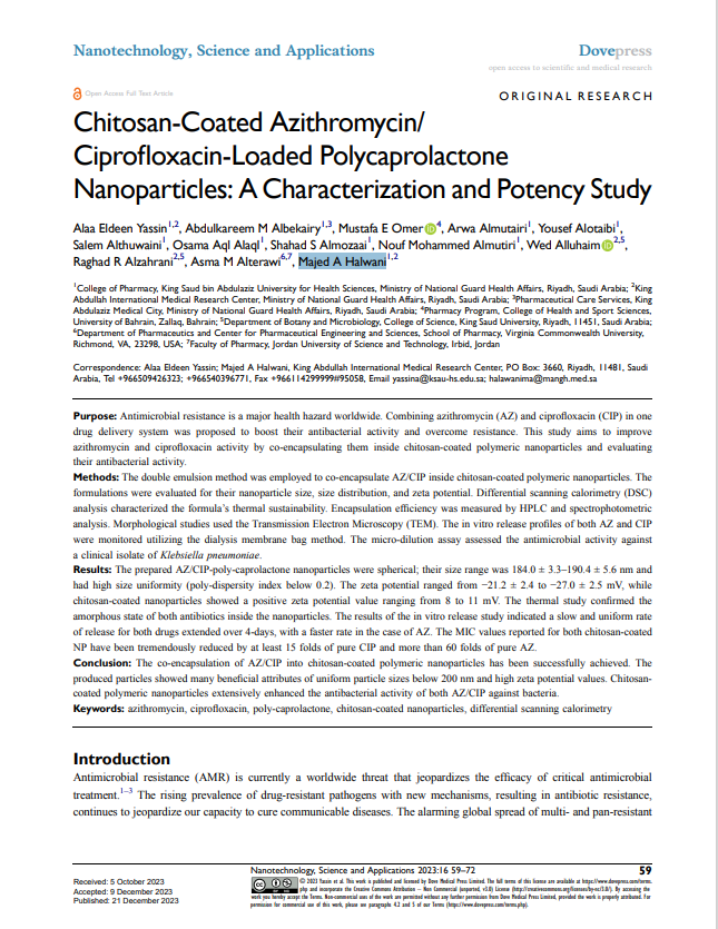 Chitosan-Coated Azithromycin/  Ciprofloxacin-Loaded Polycaprolactone  Nanoparticles : A Characterization and Potency Study