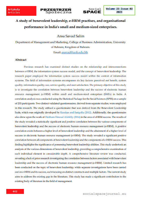 A study of benevolent leadership, e-HRM practises, and organisational performance in India's small and medium-sized enterprises