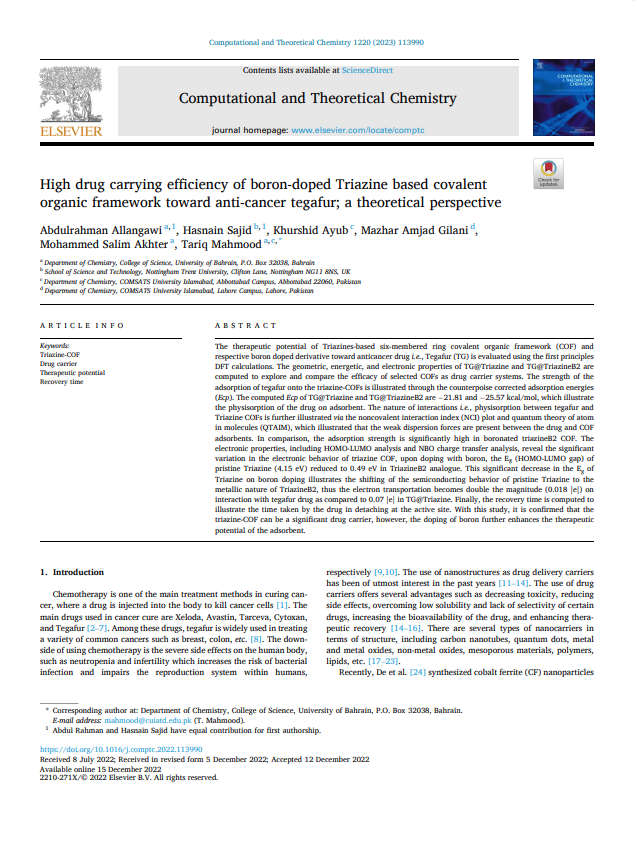 High drug carrying efficiency of boron-doped Triazine based covalent organic framework toward anti-cancer tegafur; a theoretical perspective 