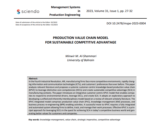 PRODUCTION VALUE CHAIN MODEL  FOR SUSTAINABLE COMPETITIVE ADVANTAGE