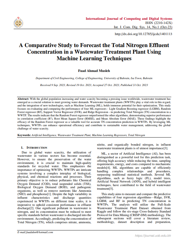 A Comparative Study to Forecast the Total Nitrogen Effluent Concentration in a Wastewater Treatment Plant Using Machine Learning Techniques