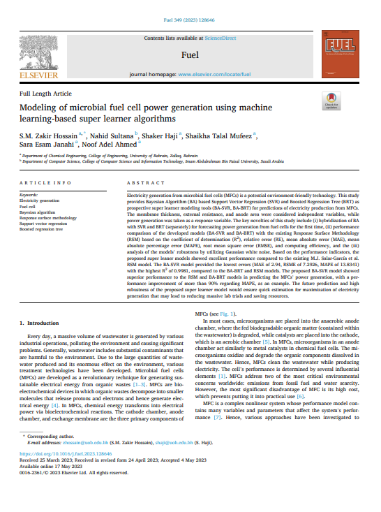 Modeling of microbial fuel cell power generation using machine  learning-based super learner algorithms