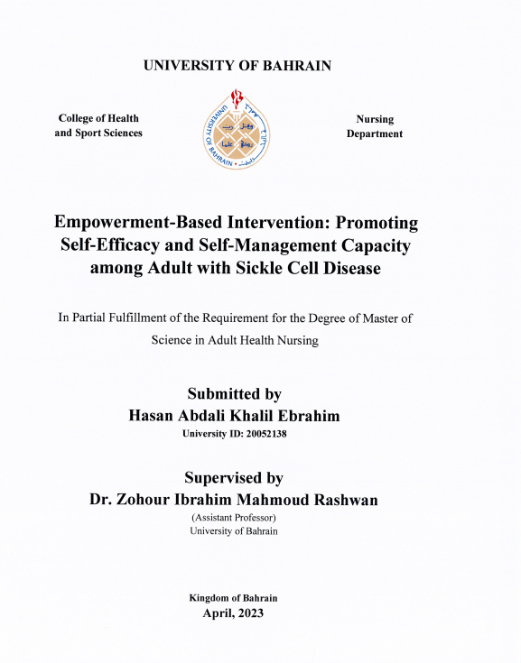 Empowerment-Based Intervention-Promoting Self-Efficacy and Self-Management Capacity among Adult with Sickle Cell Disease