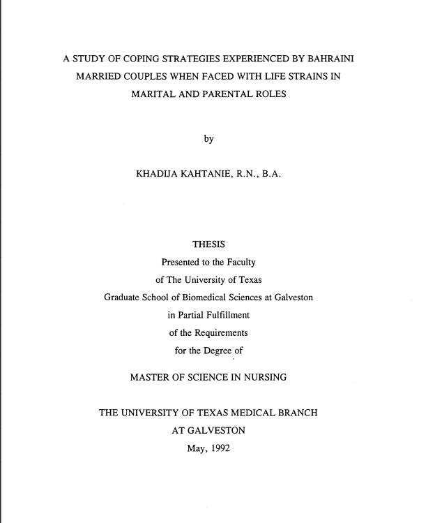 A STUDY OF COPING STRATEGIES EXPERIENCED BY BAHRAINI MARRIED COUPLES WHEN FACED WITH LIFE STRAINS IN MARITAL AND PARENTAL ROLES