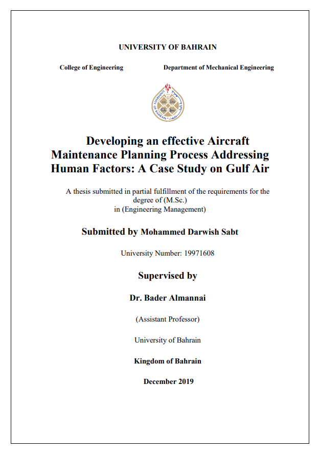 Developing an effective Aircraft  Maintenance Planning Process Addressing  Human Factors: A Case Study on Gulf Air