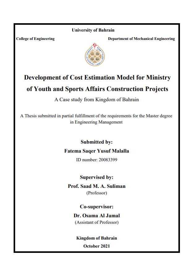 Development of Cost Estimation Model for Ministry  of Youth and Sports Affairs Construction Projects