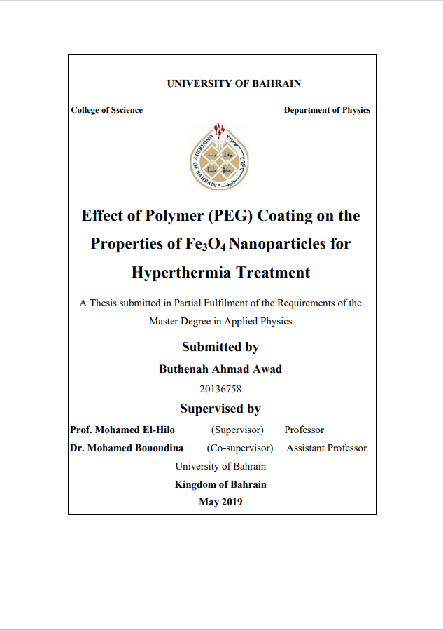 Effect of Polymer (PEG) Coating on the  Properties of Fe3O4 Nanoparticles for  Hyperthermia Treatment