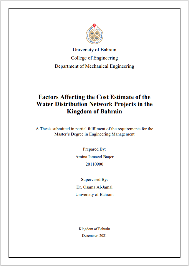 Factors Affecting the Cost Estimate of the  Water Distribution Network Projects in the  Kingdom of Bahrain