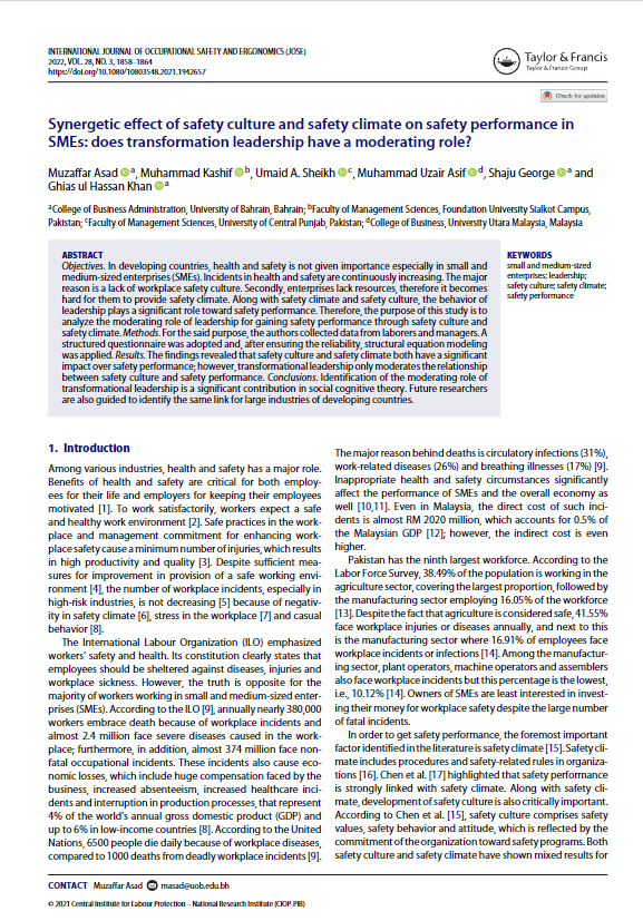 Synergetic effect of safety culture and safety climate on safety performance in SMEs: does transformation leadership have a moderating role?