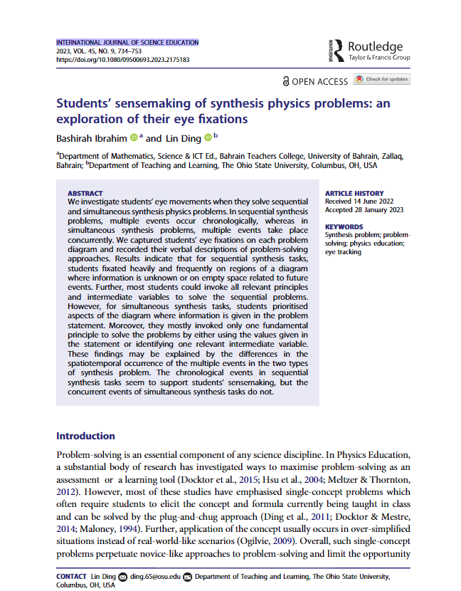 Students’ sensemaking of synthesis physics problems: an exploration of their eye fixation