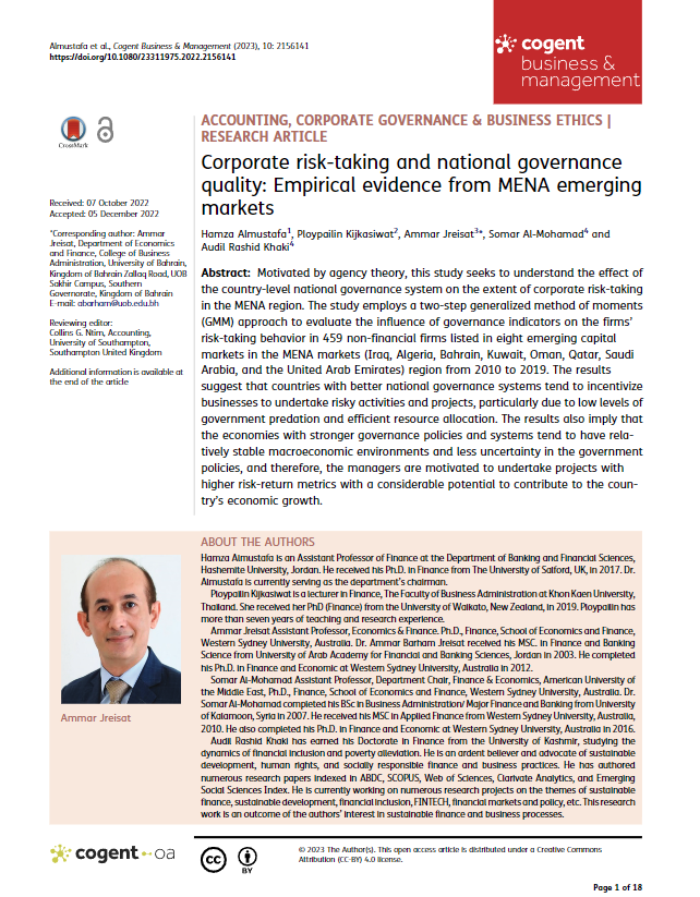 Corporate risk-taking and national governance quality: Empirical evidence from MENA emerging markets