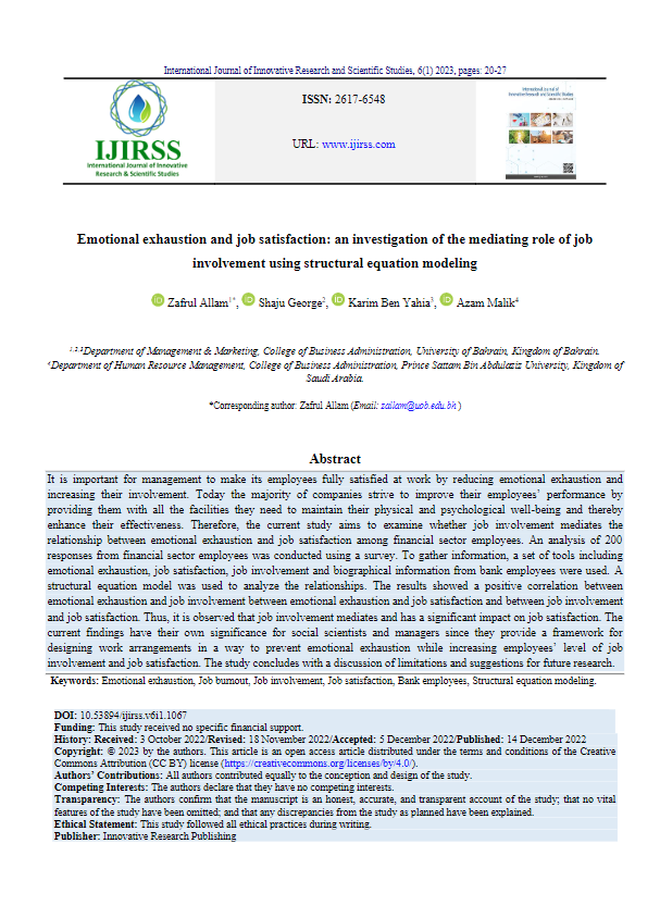 Emotional exhaustion and job satisfaction: an investigationof the mediating role of job involvement using structural equation modeling