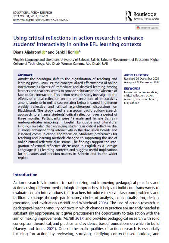 Using critical reflections in action research to enhance students’ interactivity in online EFL learning contexts