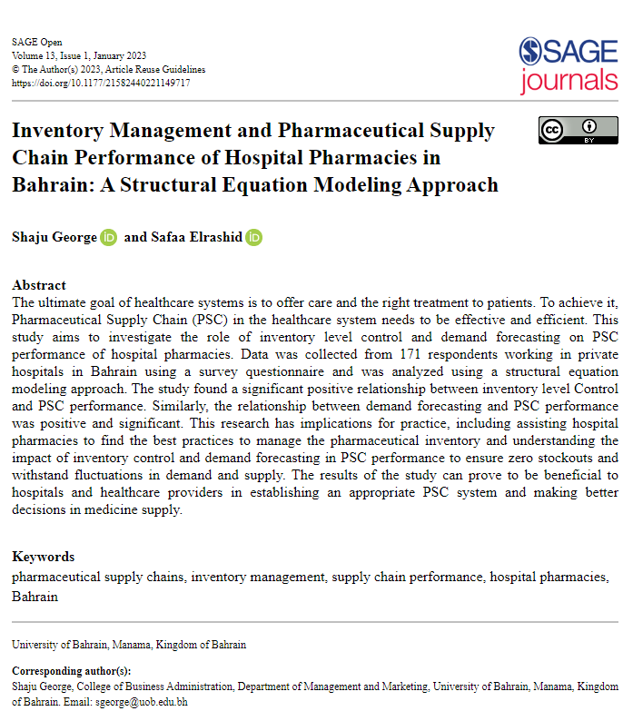 Inventory Management and Pharmaceutical Supply Chain Performance of Hospital Pharmacies in Bahrain: A Structural Equation Modeling Approach