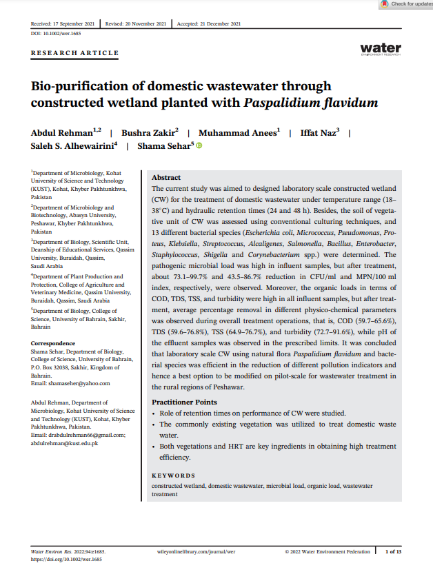 Bio-purification of domestic wastewater through constructed wetland planted with Paspalidium flavidum
