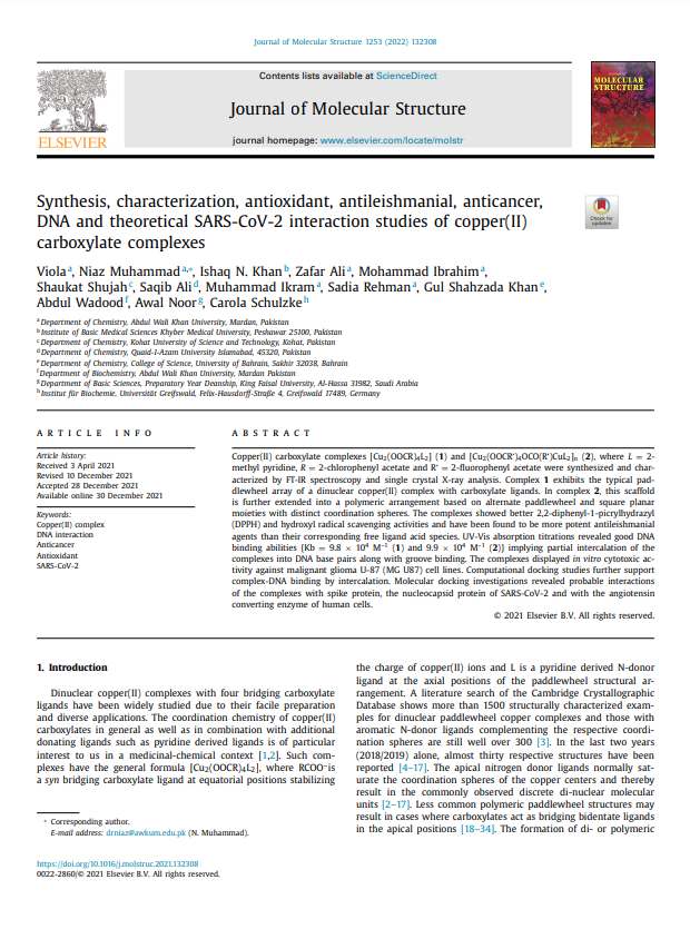 Synthesis, characterization, antioxidant, antileishmanial, anticancer, DNA and theoretical SARS-CoV-2 interaction studies of copper(II) carboxylate complexes