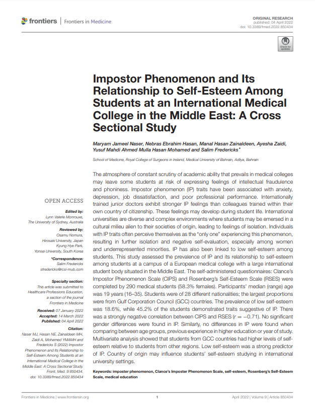 Impostor Phenomenon and Its Relationship to Self-Esteem Among Students at an International Medical College in the Middle East: A Cross Sectional Study