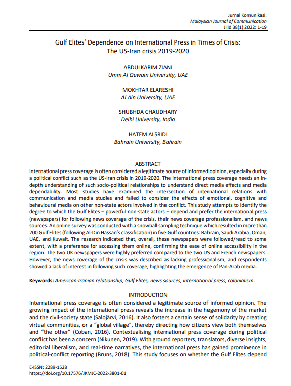 Gulf Elites’ Dependence on International Press in Times of Crisis: The US-Iran crisis 2019-2020