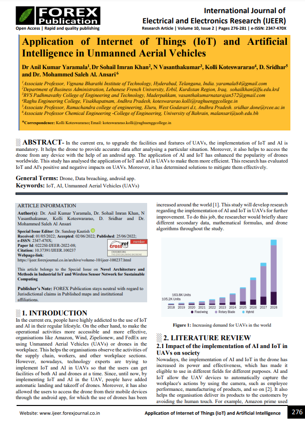 Application of Internet of Things (IoT) and Artificial Intelligence in Unmanned Aerial Vehicles