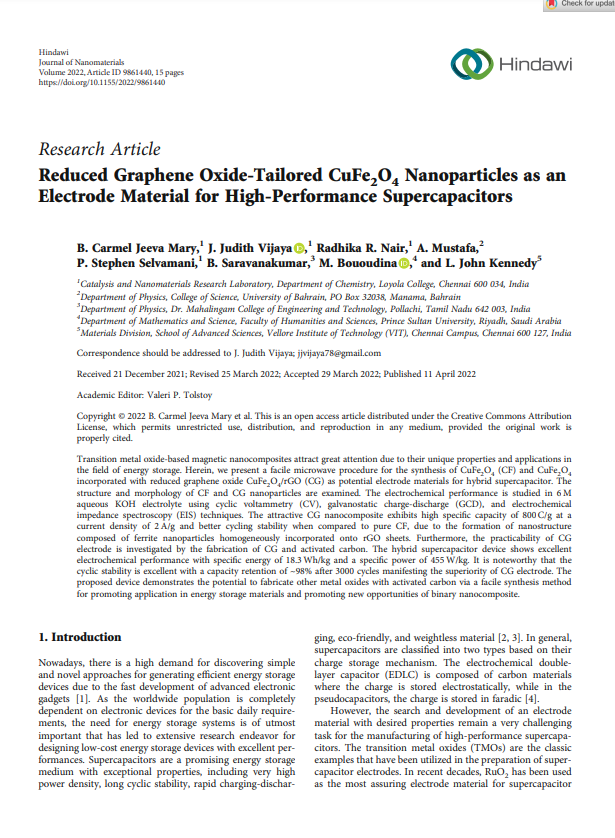 Reduced Graphene Oxide-Tailored CuFe2O4 Nanoparticles as an Electrode Material for High-Performance Supercapacitors