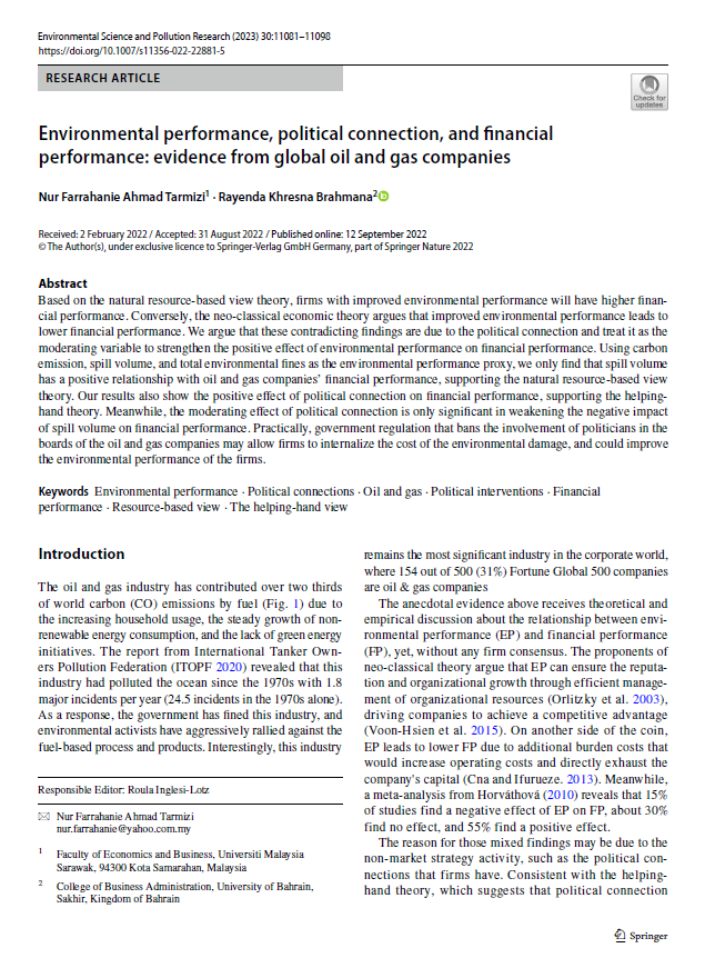 Environmental performance, political connection, and financial performance: evidence from global oil and gas companies