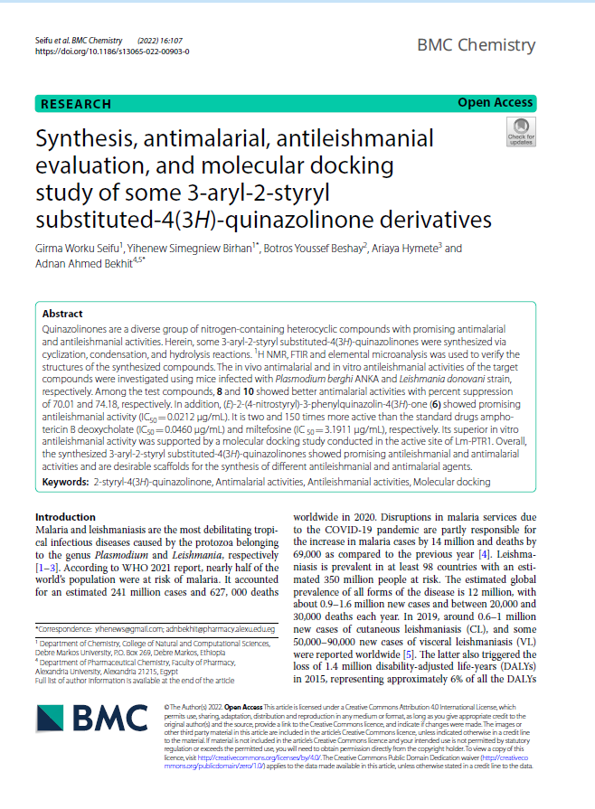 Synthesis, antimalarial, antileishmanial evaluation, and molecular docking study of some 3-aryl-2-styryl substituted-4(3H)-quinazolinone derivatives