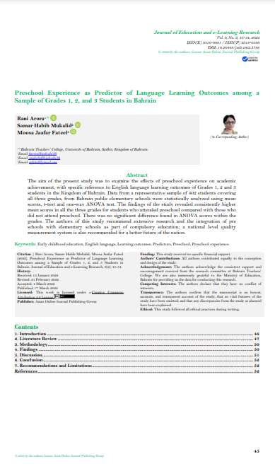 Preschool Experience as Predictor of Language Learning Outcomes among a Sample of Grades 1, 2, and 3 Students in Bahrain