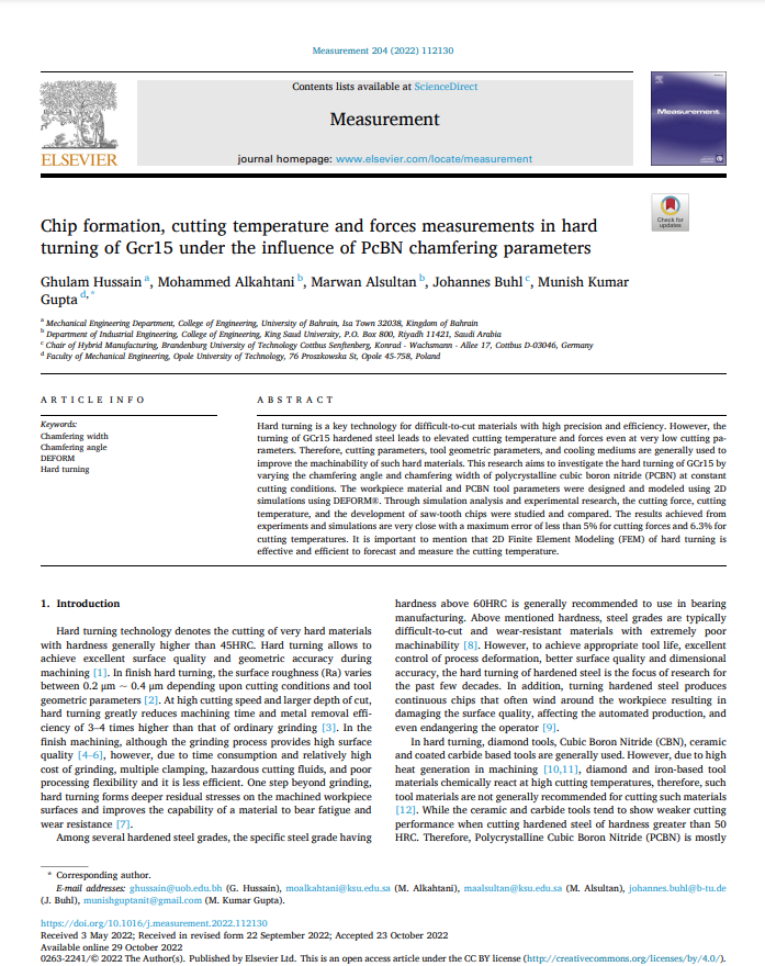 Chip formation, cutting temperature and forces measurements in hard turning of Gcr15 under the influence of PcBN chamfering parameters
