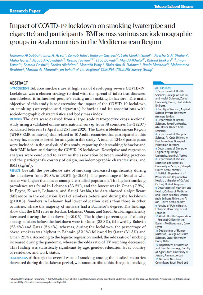 Impact of COVID-19 lockdown on smoking (waterpipe and cigarette) and participants' BMI across various sociodemographic groups in Arab countries in the Mediterranean Region 