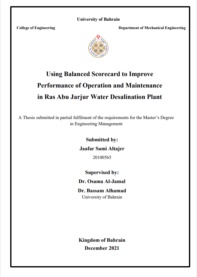 Using Balanced Scorecard to Improve  Performance of Operation and Maintenance  in Ras Abu Jarjur Water Desalination Plant