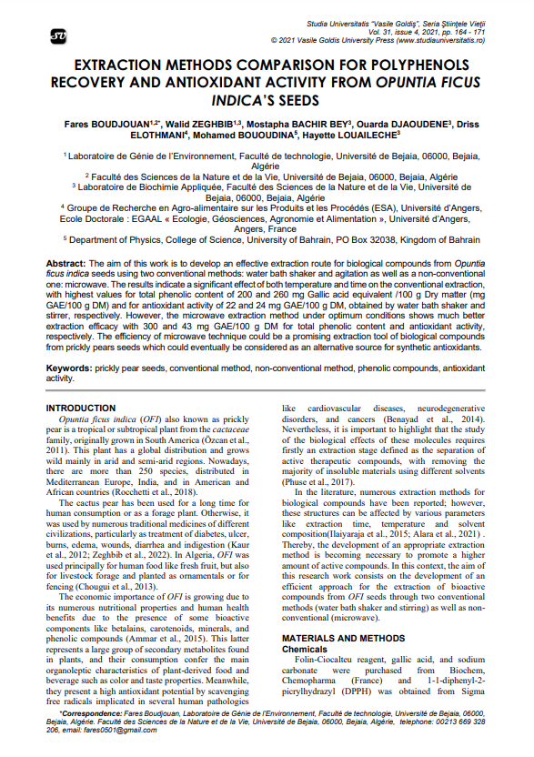 EXTRACTION METHODS COMPARISON FOR POLYPHENOLS RECOVERY AND ANTIOXIDANT ACTIVITY FROM OPUNTIA FICUS INDICA’S SEEDS