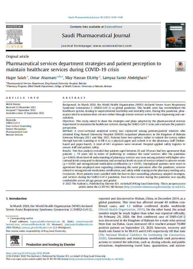Pharmaceutical services department strategies and patient perception to maintain healthcare services during COVID-19 crisis