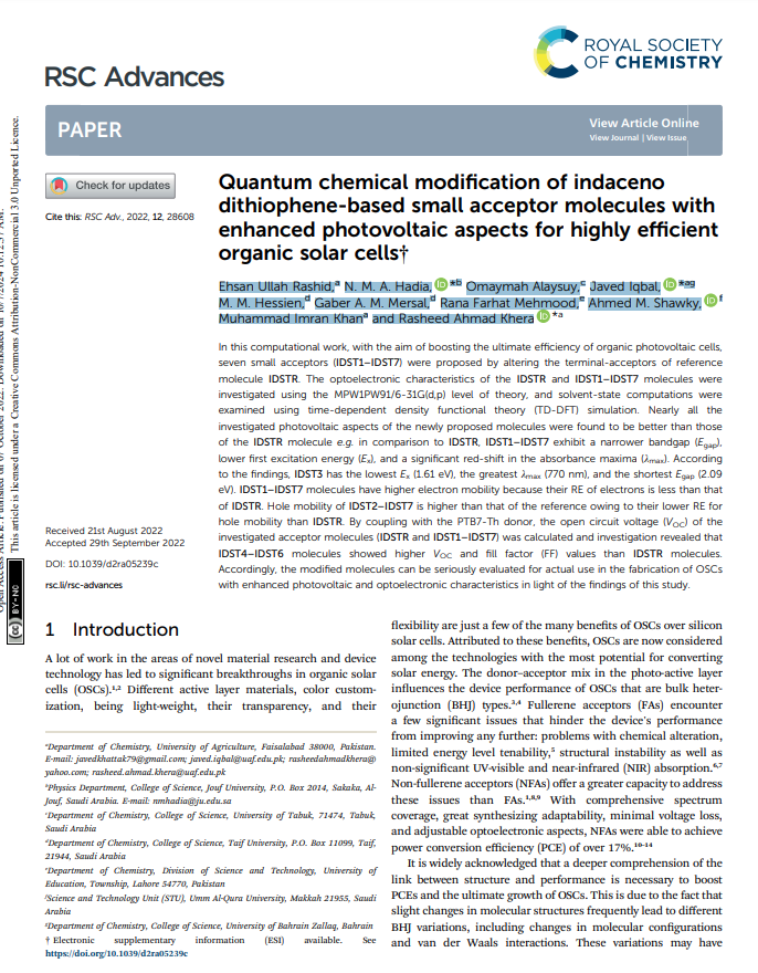 Quantum chemical modification of indaceno dithiophene-based small acceptor molecules with enhanced photovoltaic aspects for highly efficient organic solar cells