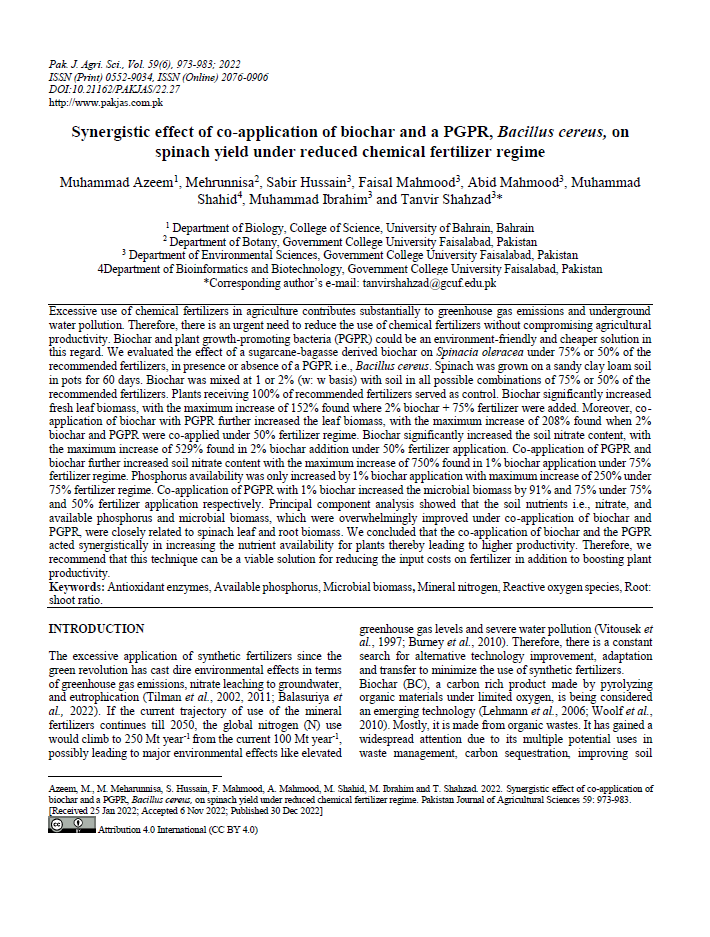 Synergistic effect of co-application of biochar and a PGPR, Bacillus cereus, on spinach yield under reduced chemical fertilizer regime
