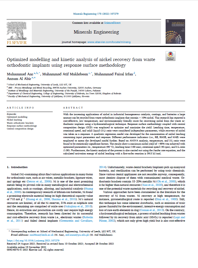 Optimized modelling and kinetic analysis of nickel recovery from waste orthodontic implants using response surface methodology