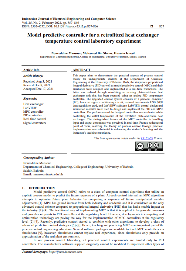 Model predictive controller for a retrofitted heat exchanger  temperature control laboratory experiment