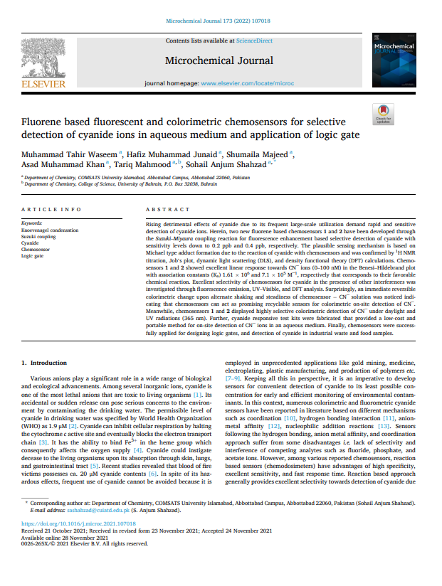 Fluorene based fluorescent and colorimetric chemosensors for selective  detection of cyanide ions in aqueous medium and application of logic gate 