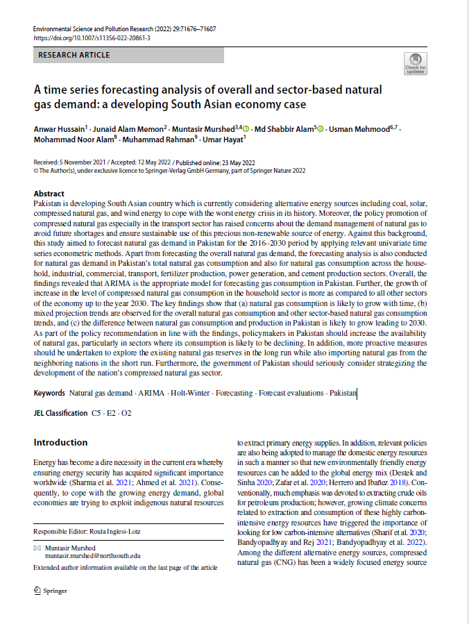 A time series forecasting analysis of overall and sector-based natural gas demand: a developing South Asian economy case 