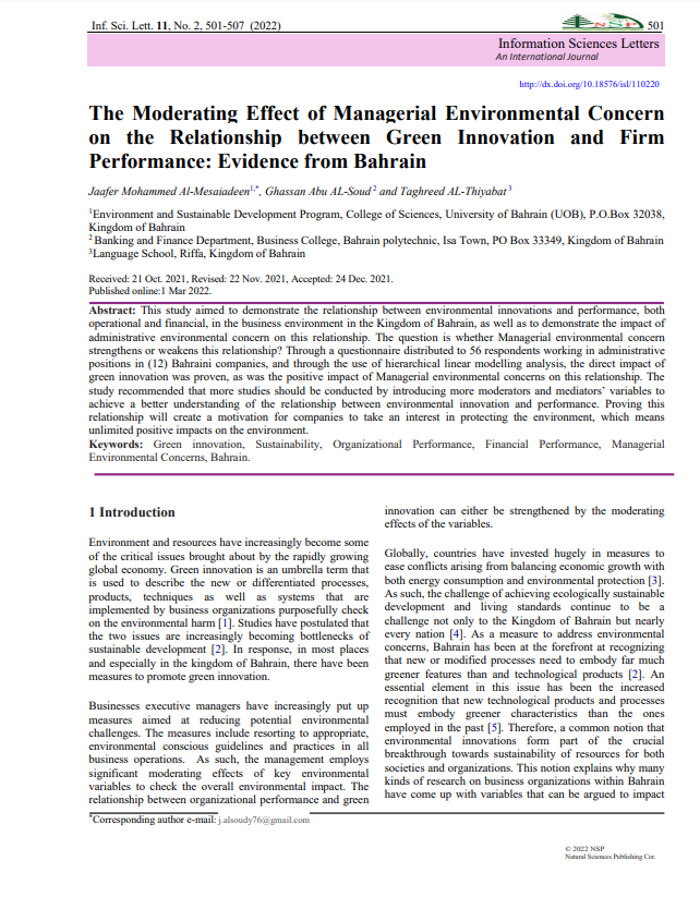 The Moderating Effect of Managerial Environmental Concern on the Relationship between Green Innovation and Firm Performance: Evidence from Bahrain