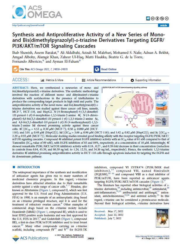 Synthesis and Antiproliferative Activity of a New Series of Mono- and Bis(dimethylpyrazolyl)-s-triazine Derivatives Targeting EGFRPI3KAKTmTOR Signaling Cascades