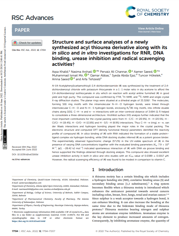 Structure and surface analyses of a newly synthesized acyl thiourea derivative along with its in silico and in vitro investigations for RNR, DNA binding, urease inhibition and radical scavenging activities 