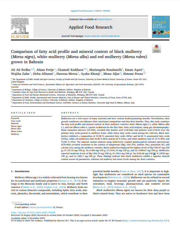 Comparison of fatty acid profile and mineral content of black mulberry (Morus nigra), white mulberry (Morus alba) and red mulberry (Morus rubra) grown in Bahrain