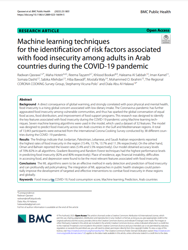 Machine learning techniques for the identifcation of risk factors associated with food insecurity among adults in Arab countries during the COVID-19 pandemic