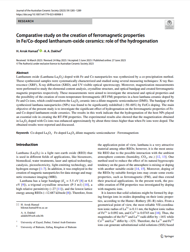 Comparative study on the creation of ferromagnetic properties in Fe/Co‑doped lanthanum‑oxide ceramics: role of the hydrogenation