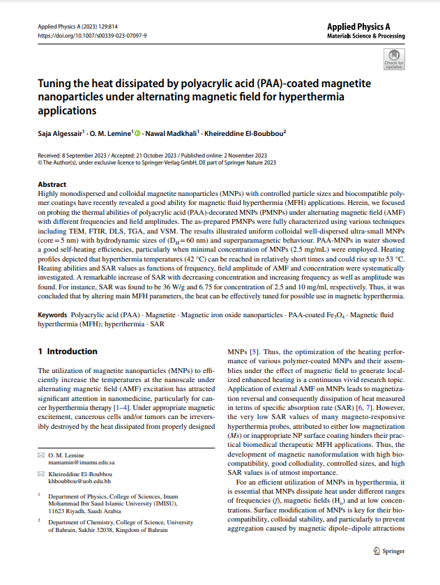 Tuning the heat dissipated by polyacrylic acid (PAA)‑coated magnetite nanoparticles under alternating magnetic feld for hyperthermia applications