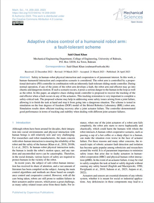 Adaptive chaos control of a humanoid robot arm: a fault-tolerant scheme